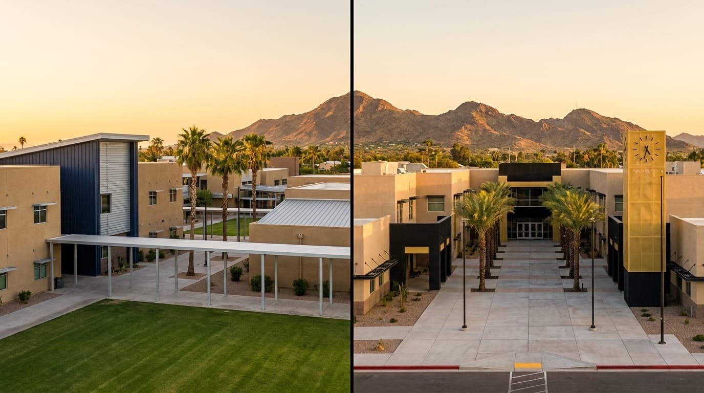 Two Ahwatukee high school campuses at golden hour